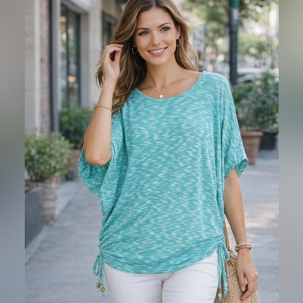 Easel Turquoise Boho Top | Dolman Sleeve Drawstring Blouse | Relaxed Fit